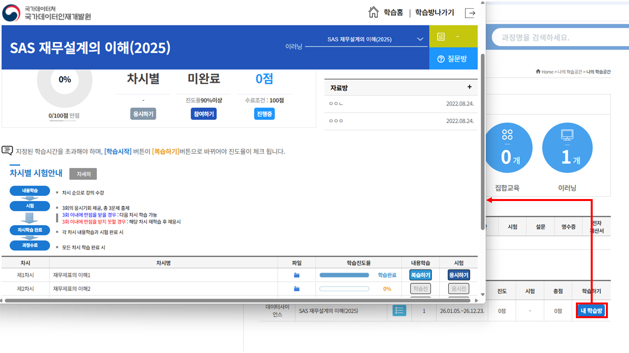 해당 과정 오른쪽 끝의 [학습하기] 버튼을 클릭하여 학습방에서 학습